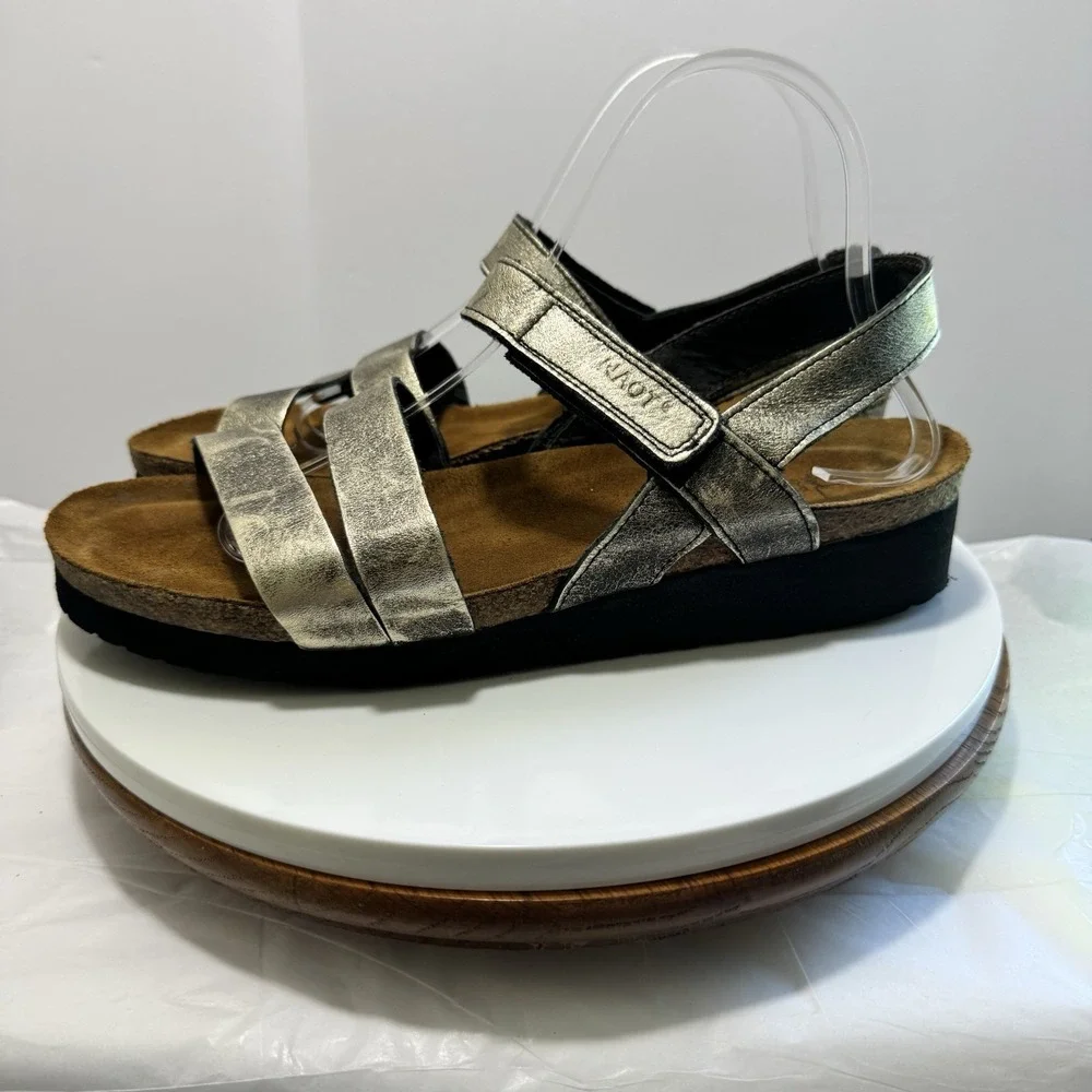 Naot Leather Strappy Boho Wedge Hook Loop‎ Cork Comfort Sandals 42 Gold Black